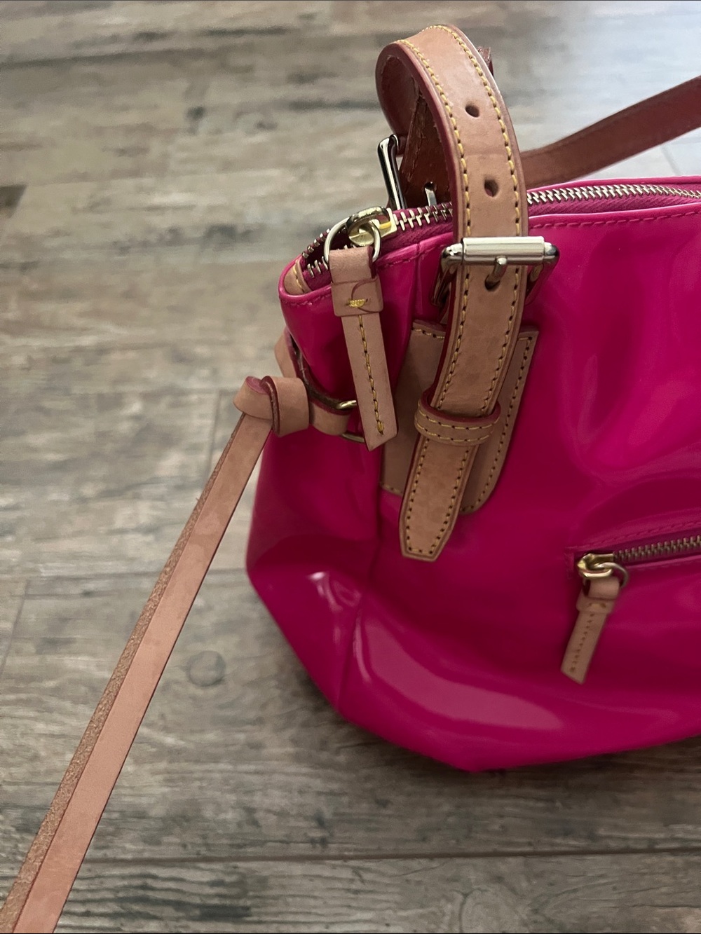 Dooney & Bourke Pink Patent Leather Tote with Tan Handles - Picture 3 of 6